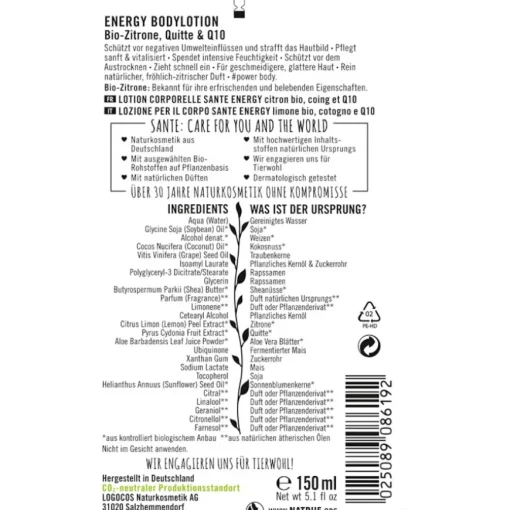 Lotionen Energy Bodylotion Bio-Zitrone & Quitte & Q10 von Sante Naturkosmetik