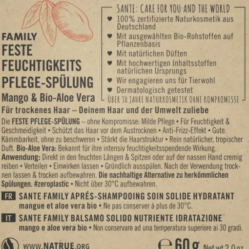 Mango & Bio-Aloe Vera Feste Feuchtigkeits Pflege-Spülung von Sante Naturkosmetik