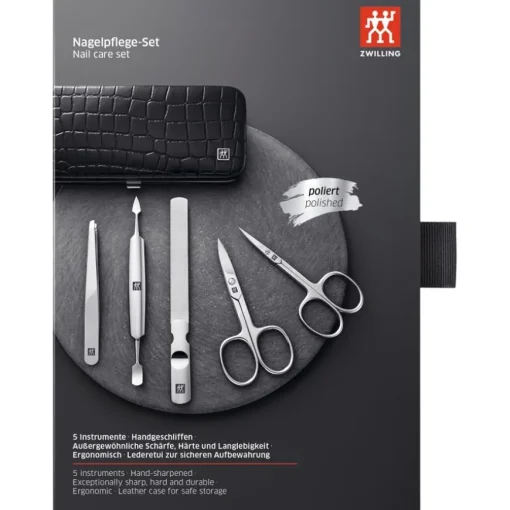 Sets 5-tlg. Maniküre/Pediküre-Etui Schwarzem Echtleder von Zwilling Beauty
